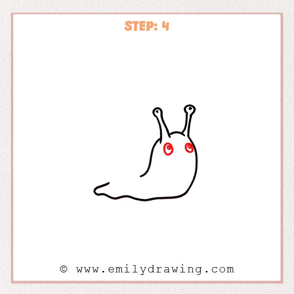 how to draw a cartoon snail - Cartoon snail outline with two large round face eyes added, each with a pupil and small highlight.